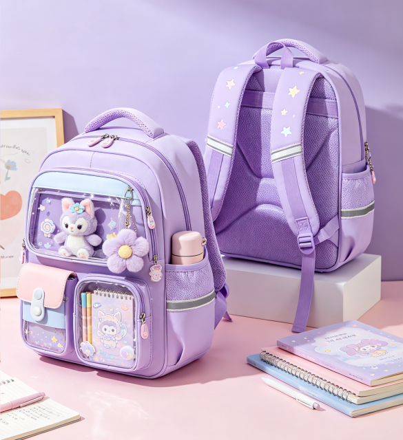 Cute Gradient Backpack for Girls - Ergonomic Elementary School Bag with Reflective Safety Strip, Multi-Pocket, Cute Dreamy Girls Backpack--purple