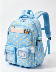 Customizable Pastel Gradient Girls Backpack - Lightweight 26L Water Resistant School Bag with Ergonomic Design, Cute Pom Pom & Multi-Pockets for Teens & Kids--blue