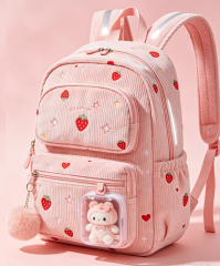 Corduroy Backpack Kids Backpack, Pink Strawberry, Cute Gradient Backpack for Girls and Middle School Students Book Bag , Multi-Pocket, Cute Dreamy Girls Backpack