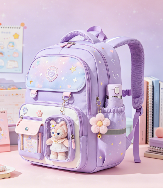 Cute Gradient Backpack for Girls - Ergonomic Elementary School Bag with Reflective Safety Strip, Multi-Pocket, Cute Dreamy Girls Backpack--purple