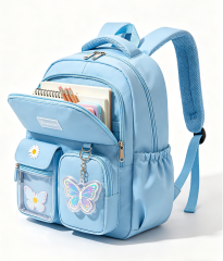 Customizable Pastel Gradient Girls Backpack - Lightweight 26L Water Resistant School Bag with Ergonomic Design, Cute Pom Pom & Multi-Pockets for Teens & Kids--blue