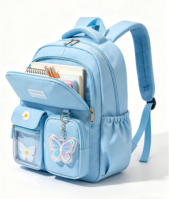 Customizable Pastel Gradient Girls Backpack - Lightweight 26L Water Resistant School Bag with Ergonomic Design, Cute Pom Pom & Multi-Pockets for Teens & Kids--blue