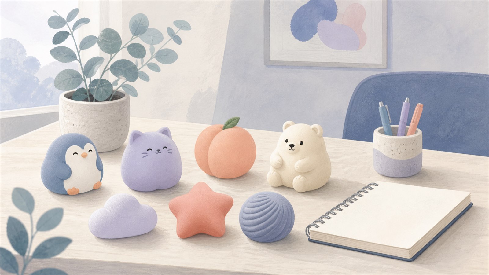 Editorial illustration of PU squeeze toys in a workplace setting