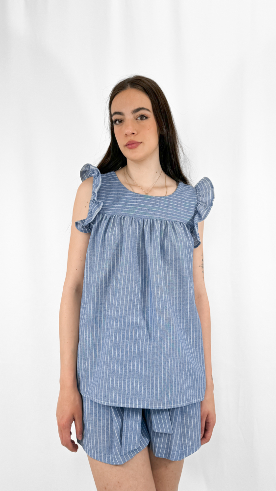 Stripe Flounce Crew Neck Top