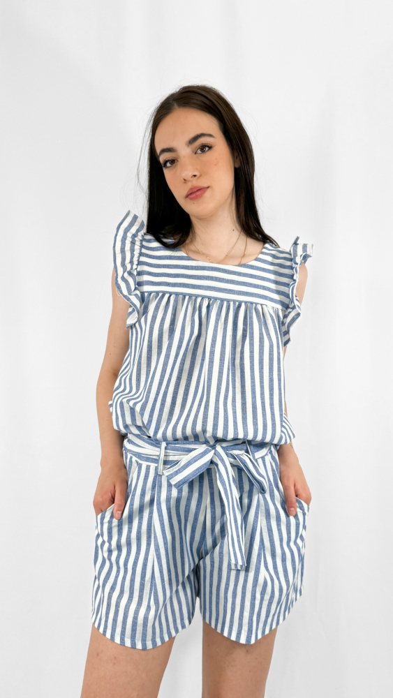 Striped Wrap Tie Summer Blouse Shorts Set