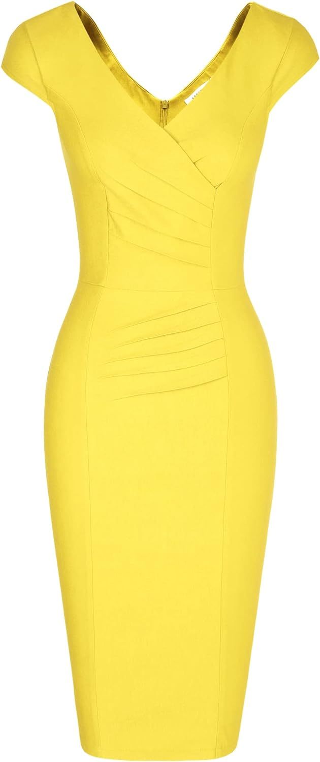 MUXXN Women's 1950's Vintage V Neck Ruched Sheath Formal Pencil Dress