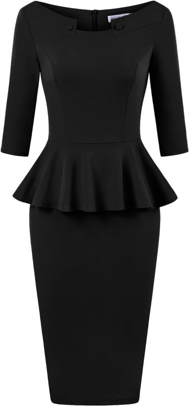 MUXXN Women's 50s Vintage Bodycon 3/4 Sleeve Midi Peplum Business Formal Work Pencil Dresses