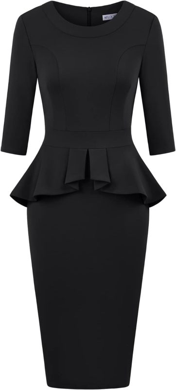 MUXXN Women's 1950s Vintage 3/4 Sleeves Ruffles Bodycon Flattering Casual Formal Pencil Dress