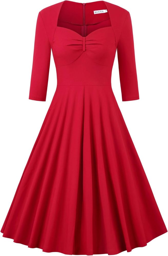 MUXXN Women's Retro 3/4 Sleeve Midi Sweetheart Neckline Rockabilly Party Vintage Cocktail Swing Dress
