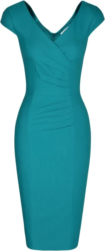 MUXXN Women's 1950's Vintage V Neck Ruched Sheath Formal Pencil Dress