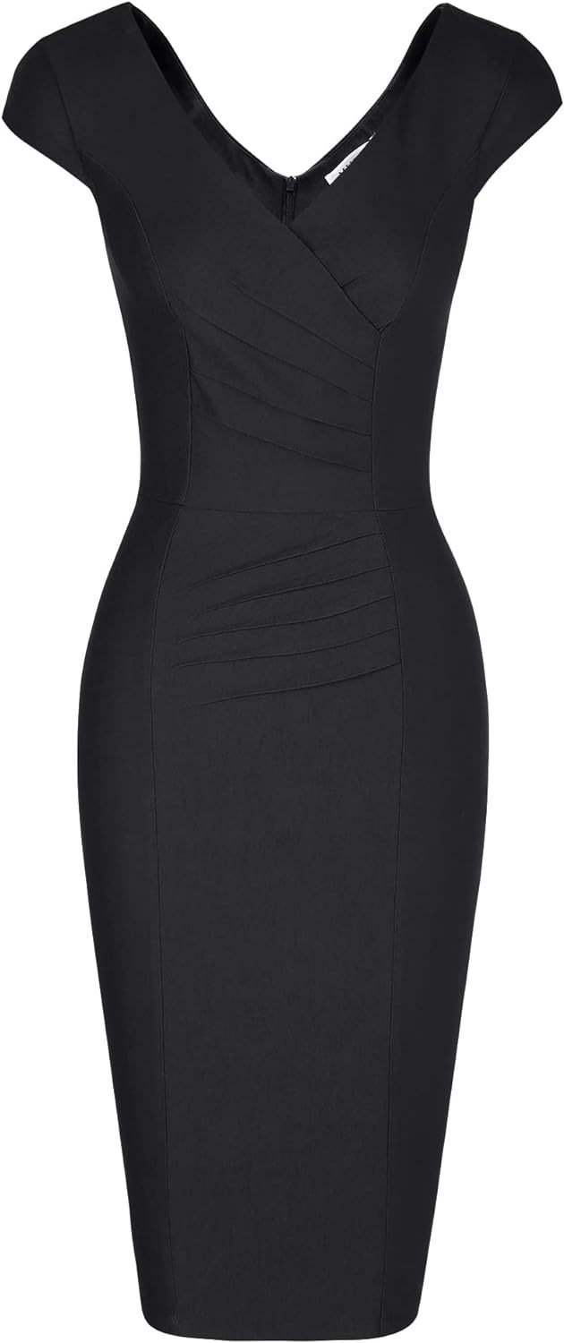MUXXN Women's 1950's Vintage V Neck Ruched Sheath Formal Pencil Dress