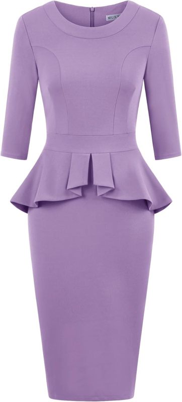 MUXXN Women's 1950s Vintage 3/4 Sleeves Ruffles Bodycon Flattering Casual Formal Pencil Dress