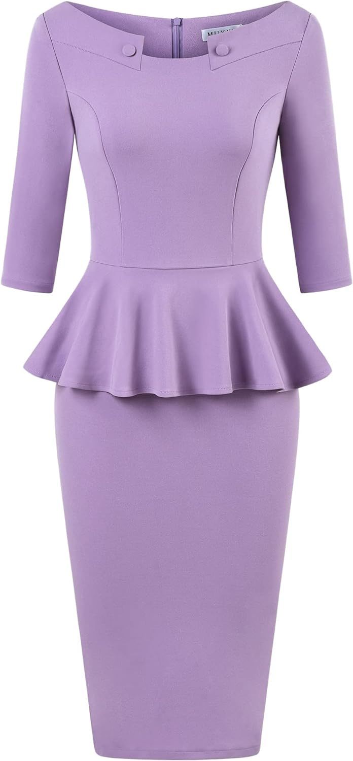 MUXXN Women's 50s Vintage Bodycon 3/4 Sleeve Midi Peplum Business Formal Work Pencil Dresses