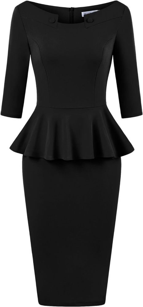 MUXXN Women's 50s Vintage Bodycon 3/4 Sleeve Midi Peplum Business Formal Work Pencil Dresses