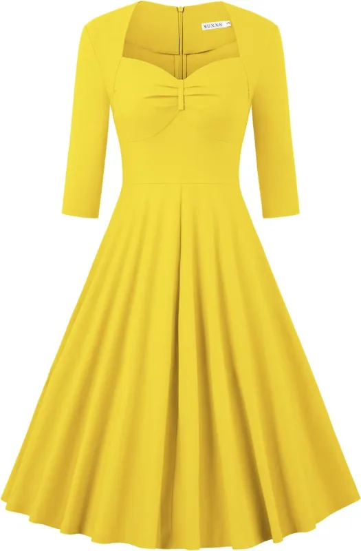MUXXN Women's Retro 3/4 Sleeve Midi Sweetheart Neckline Rockabilly Party Vintage Cocktail Swing Dress