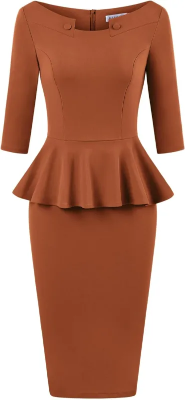 MUXXN Women's 50s Vintage Bodycon 3/4 Sleeve Midi Peplum Business Formal Work Pencil Dresses