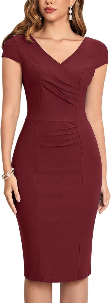 MUXXN Women's 1950's Vintage V Neck Ruched Sheath Formal Pencil Dress