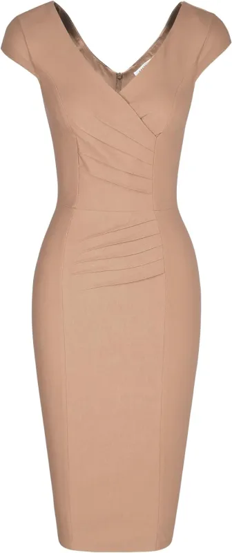 MUXXN Women's 1950's Vintage V Neck Ruched Sheath Formal Pencil Dress