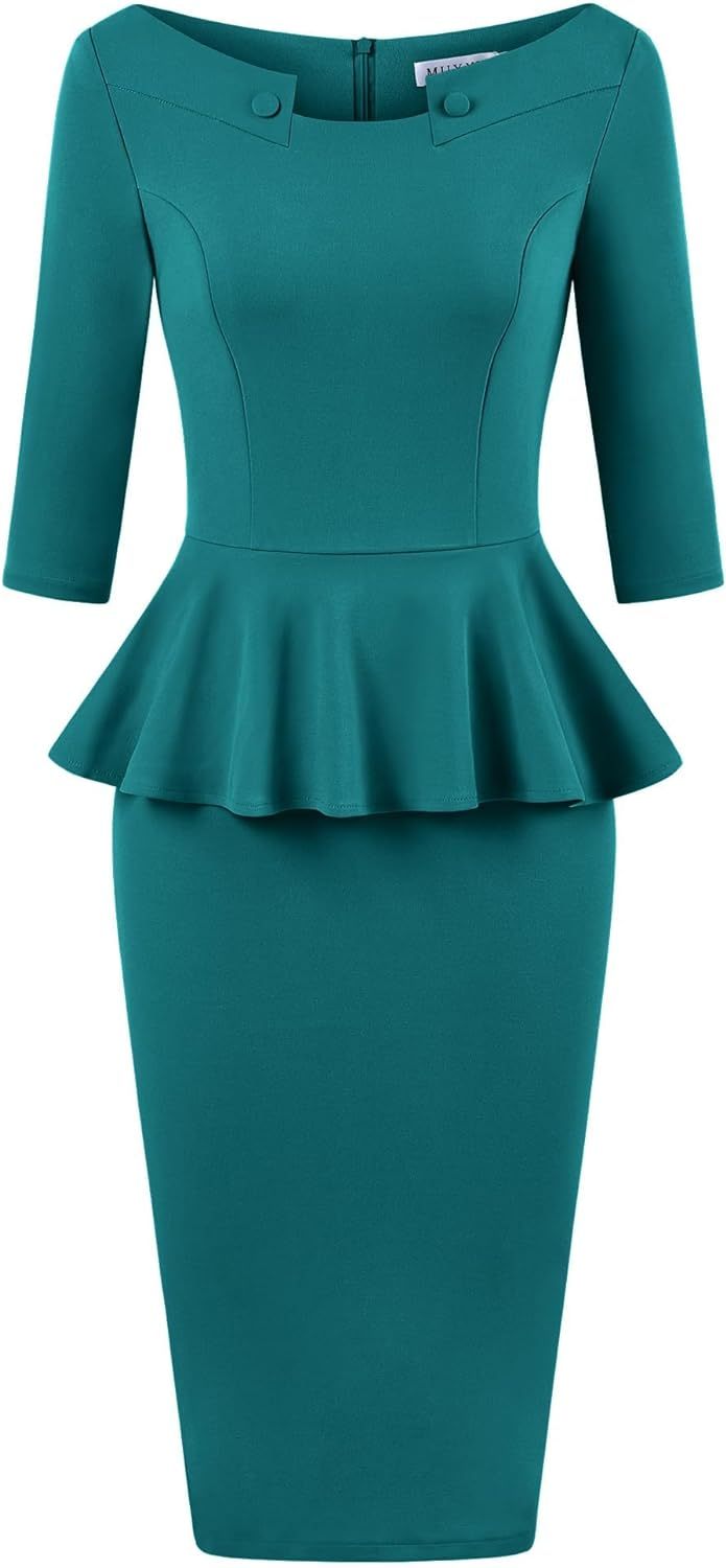 MUXXN Women's 50s Vintage Bodycon 3/4 Sleeve Midi Peplum Business Formal Work Pencil Dresses