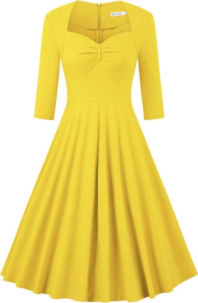 MUXXN Women's Retro 3/4 Sleeve Midi Sweetheart Neckline Rockabilly Party Vintage Cocktail Swing Dress