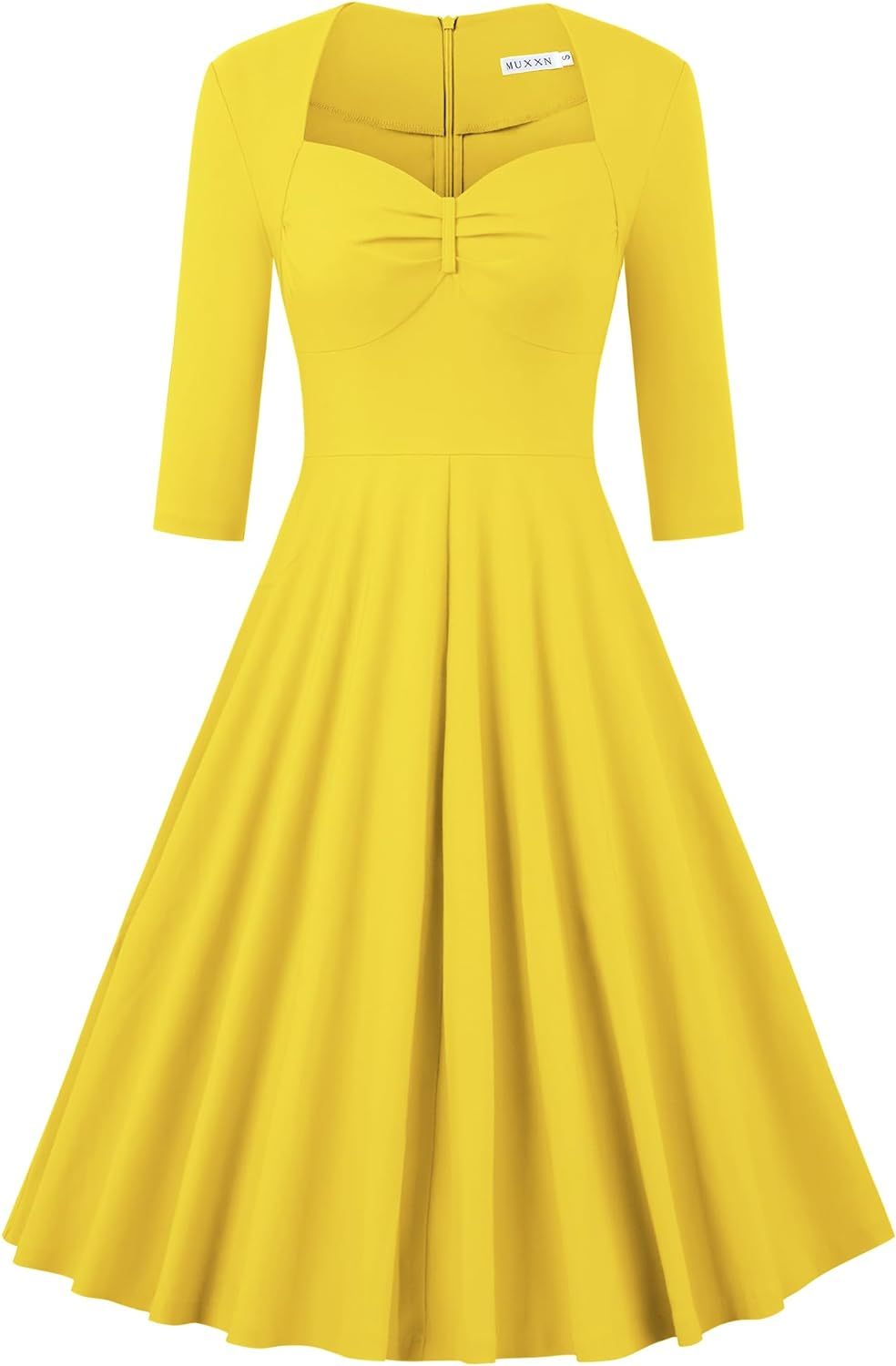 MUXXN Women's Retro 3/4 Sleeve Midi Sweetheart Neckline Rockabilly Party Vintage Cocktail Swing Dress