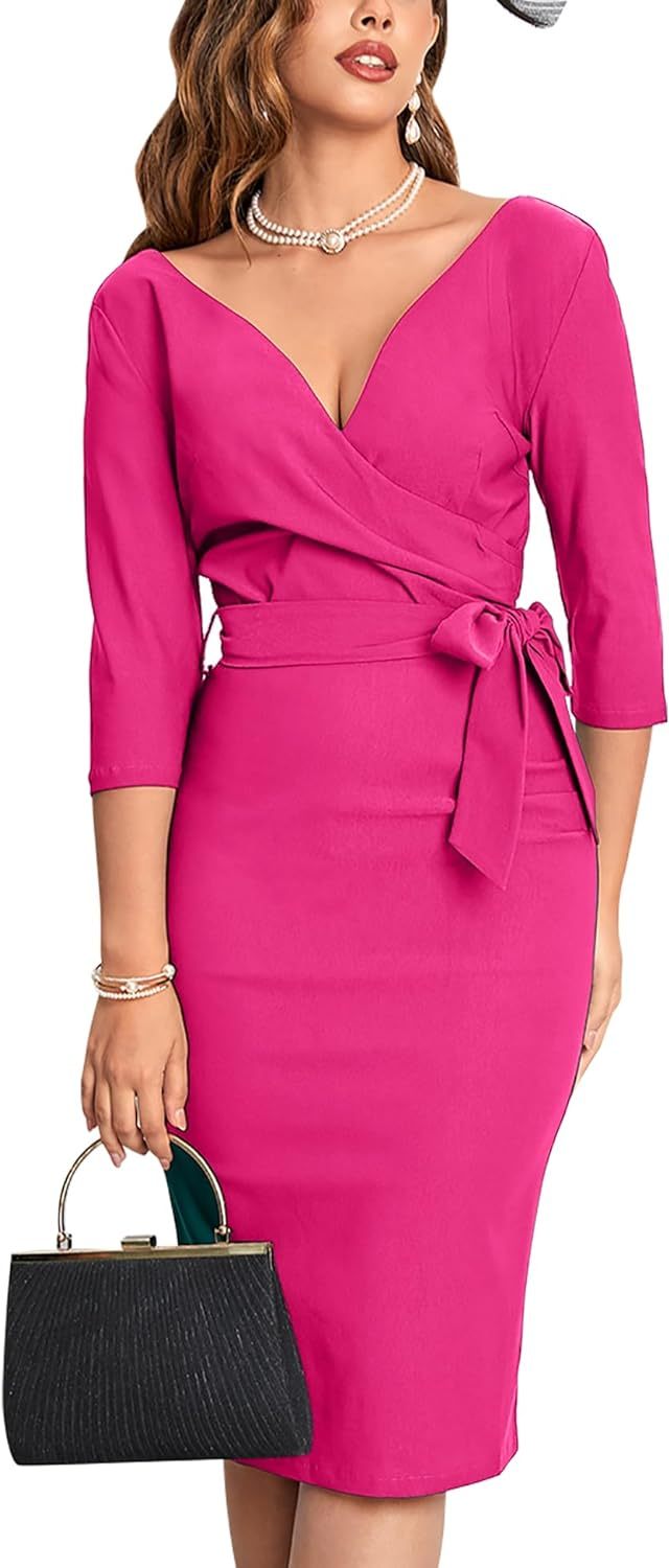 MUXXN Women's Vintage Faux Wrap V Neck 3/4 Sleeve Formal Classic Party Work Dress with Belt