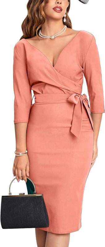 MUXXN Women's Vintage Faux Wrap V Neck 3/4 Sleeve Formal Classic Party Work Dress with Belt