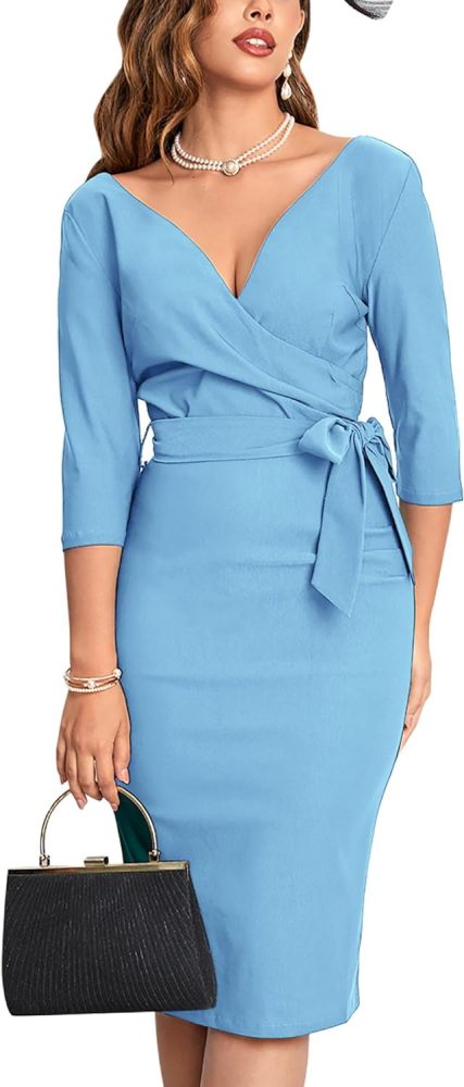 MUXXN Women's Vintage Faux Wrap V Neck 3/4 Sleeve Formal Classic Party Work Dress with Belt