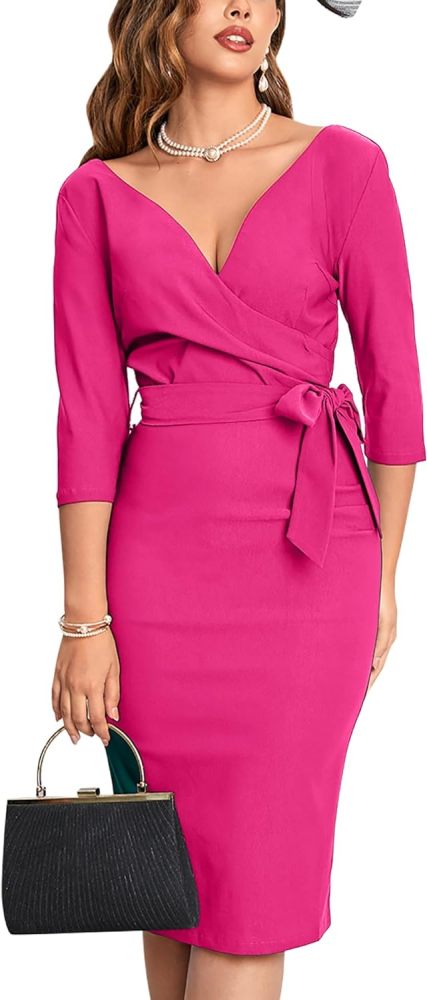 MUXXN Women's Vintage Faux Wrap V Neck 3/4 Sleeve Formal Classic Party Work Dress with Belt