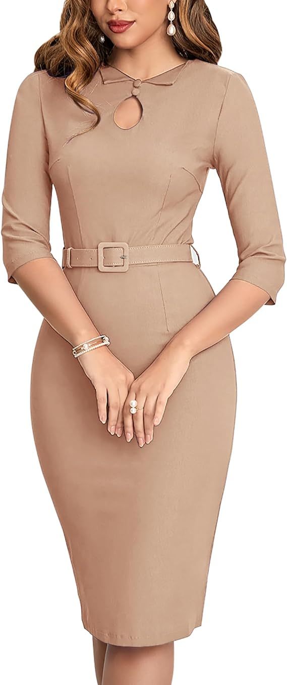 MUXXN Women's Audrey Hepburn 1960s Half Sleeve Belt Formal Work Dress