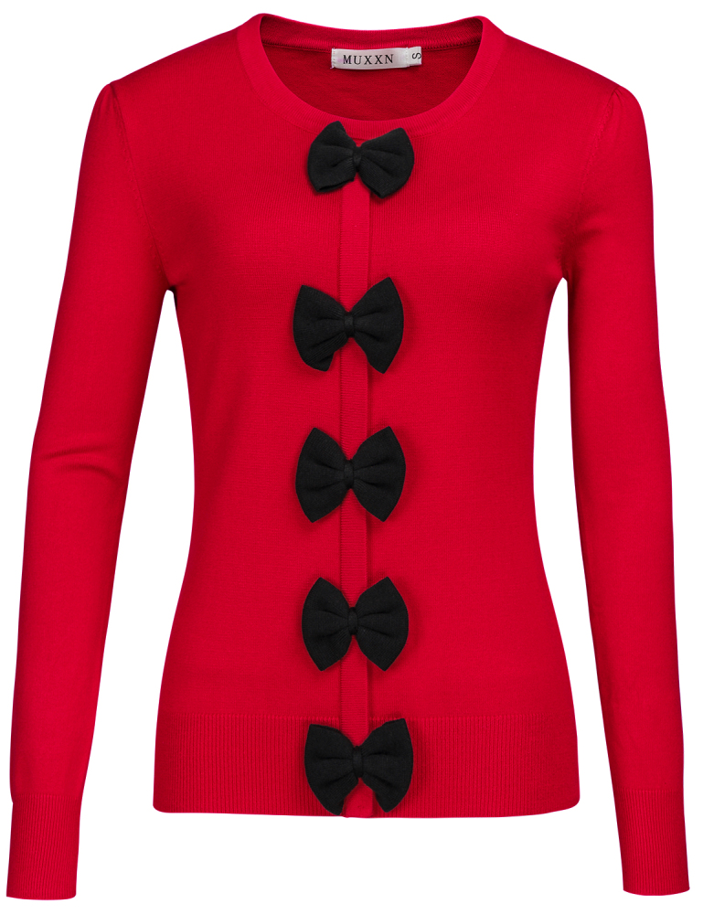 MUXXN Womens Bowknot Splicing Long Sleeve Crew Neck Cute Pullover Knit Tops