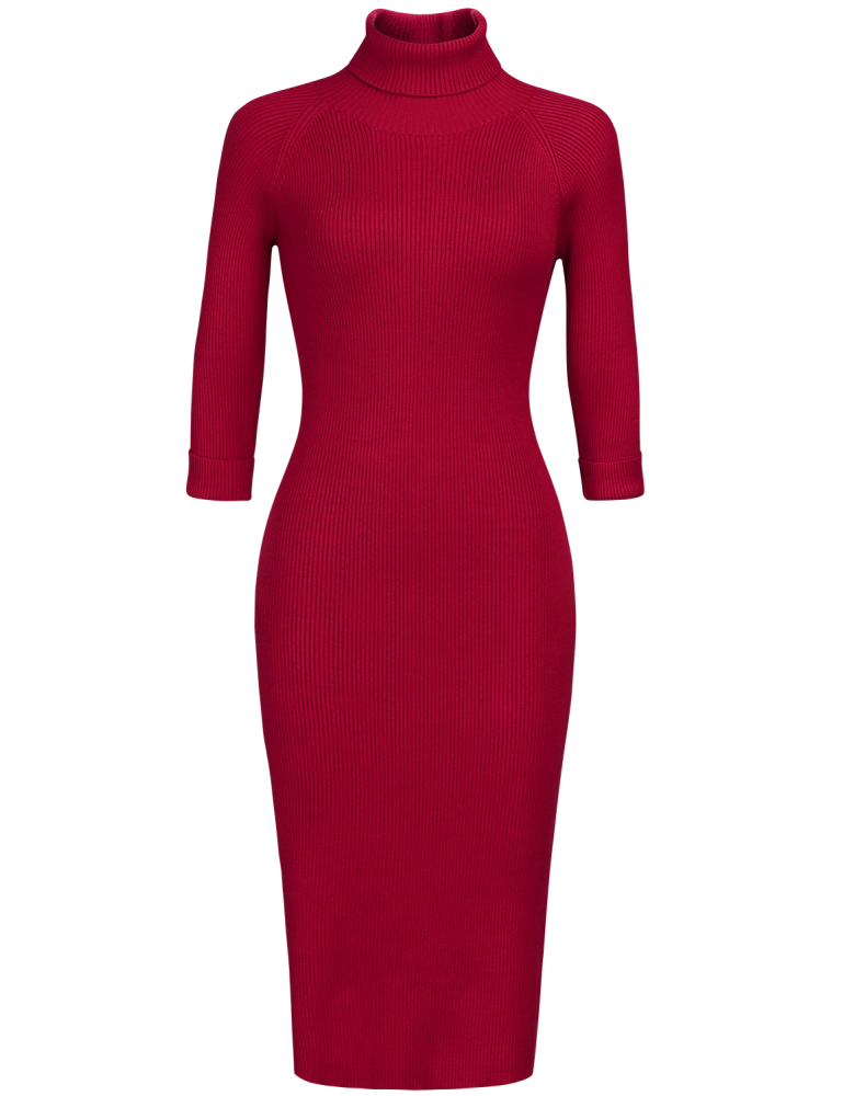 MUXXN Women's High Neck Long Sleeve Knit Casual Sheath Bodycon Midi Dress