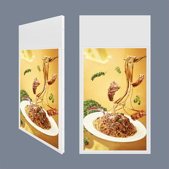 Pantalla digital colgante de doble pantalla de 55 pulgadas para publicidad en interiores, ideal para restaurantes.