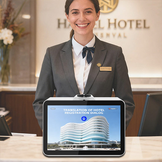 Dual‑Screen AI Translation Machine at Hotel Front Desk