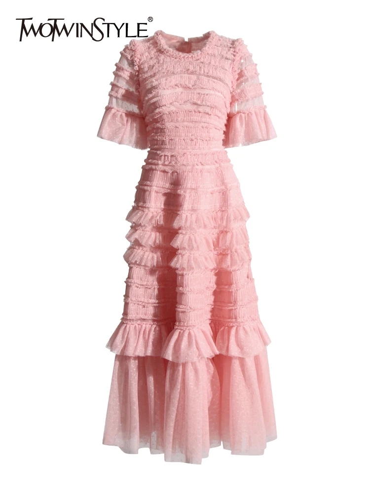 TWOTWINSTYLE Solid Patchwork Folds Minimalist Temperament Women Dress