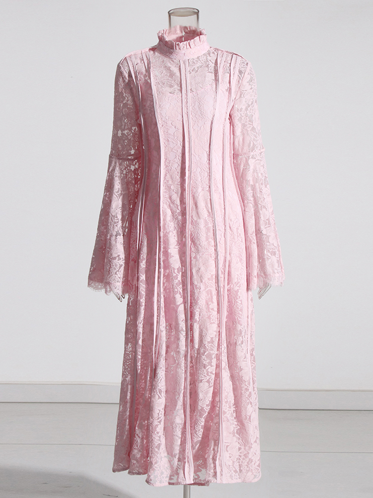 TWOTWINSTYLE Embroidery Chic Flare Sleeve Patchwork Lace Elegant Women Dress