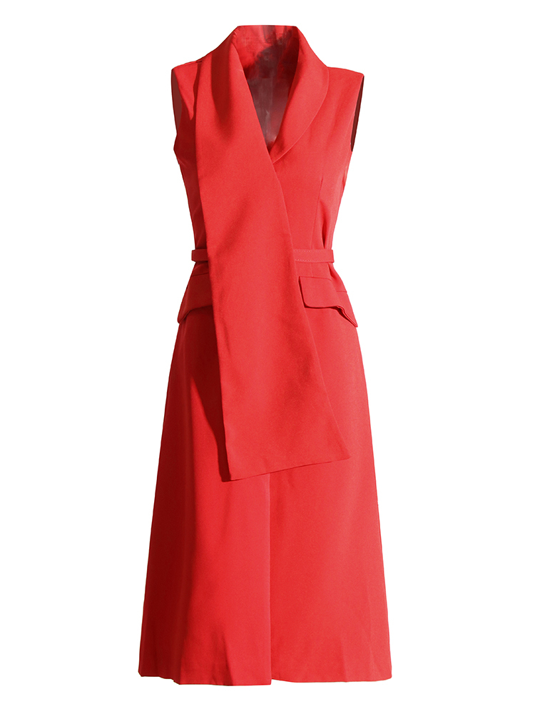 TWOTWINSTYLE Solid Minimalist Patchwork Belt Elegant Women Dress