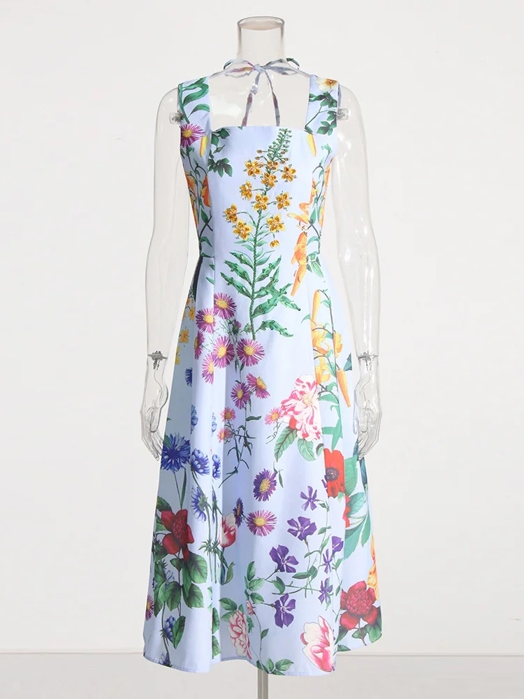 TWOTWINSTYLE Colorblock Printing Spliced Lace Up Slimming Summer Women Dress