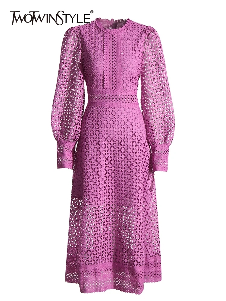 TWOTWINSTYLE Embroidery Cut Out Long Sleeve High Waist Minimalist Women Dresses