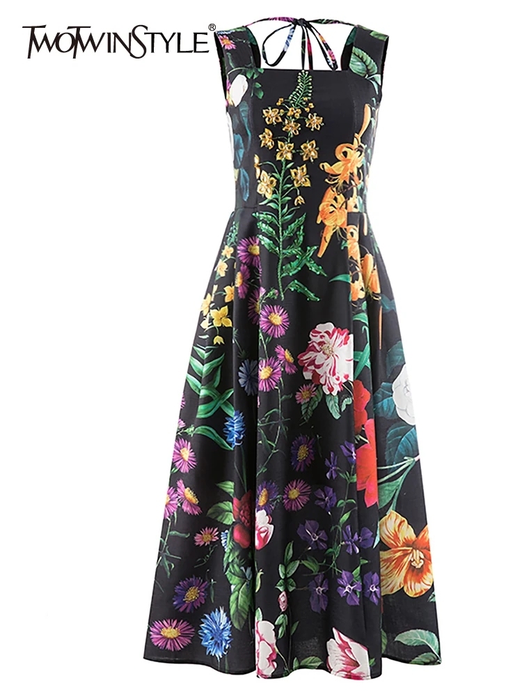 TWOTWINSTYLE Colorblock Printing Spliced Lace Up Slimming Summer Women Dress