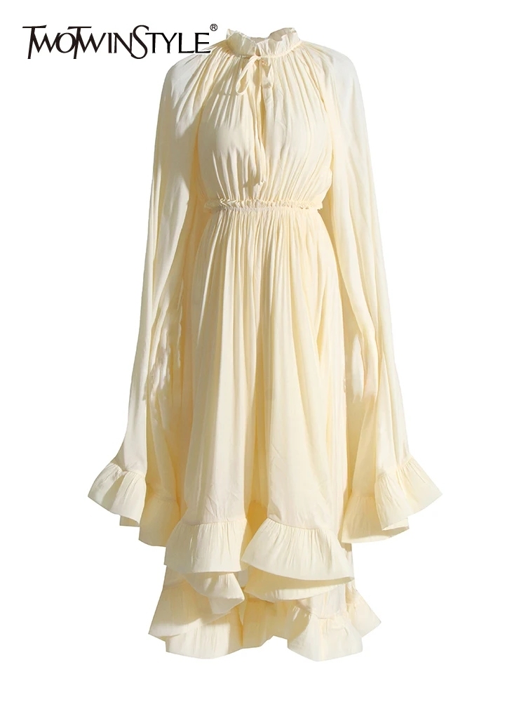 TWOTWINSTYLE Minimalist Patchwork Folds High Waist Women Dress