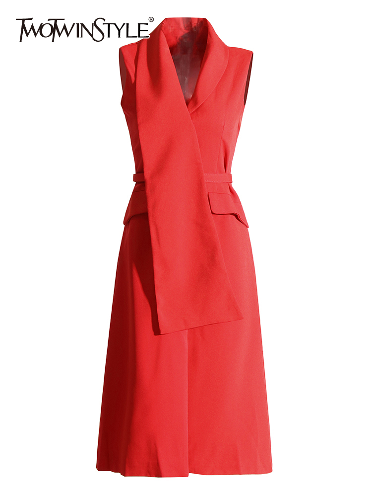 TWOTWINSTYLE Solid Minimalist Patchwork Belt Elegant Women Dress