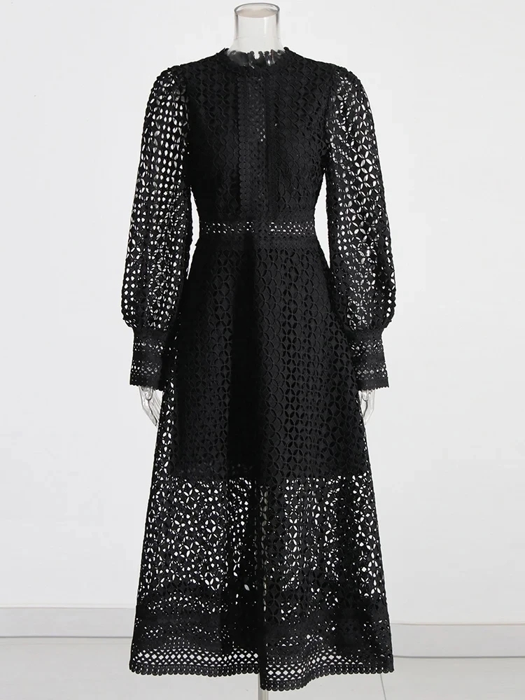 TWOTWINSTYLE Embroidery Cut Out Long Sleeve High Waist Minimalist Women Dresses