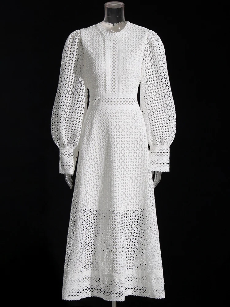 TWOTWINSTYLE Embroidery Cut Out Long Sleeve High Waist Minimalist Women Dresses
