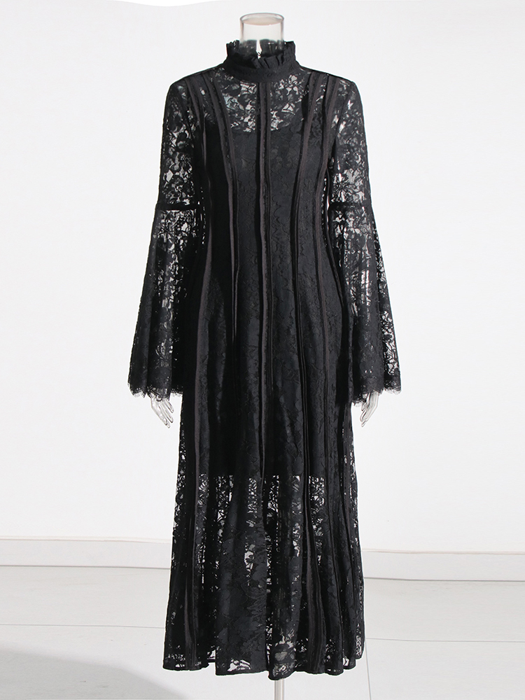 TWOTWINSTYLE Embroidery Chic Flare Sleeve Patchwork Lace Elegant Women Dress