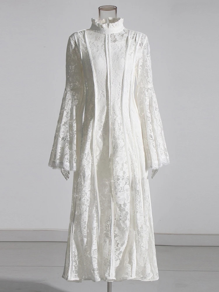 TWOTWINSTYLE Embroidery Chic Flare Sleeve Patchwork Lace Elegant Women Dress