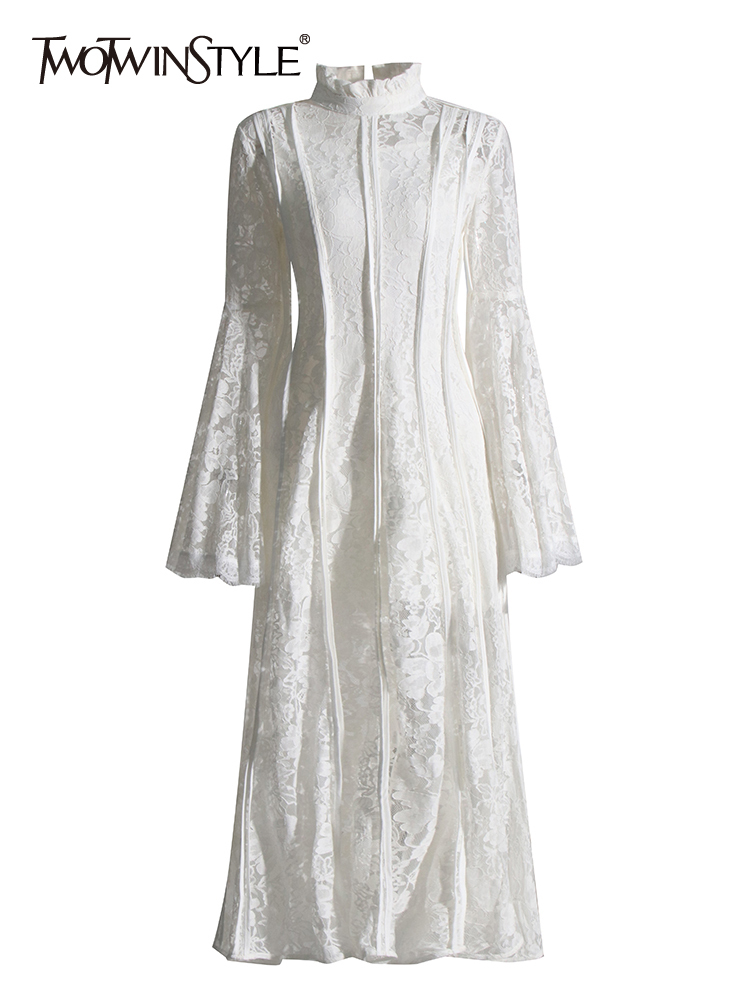 TWOTWINSTYLE Embroidery Chic Flare Sleeve Patchwork Lace Elegant Women Dress