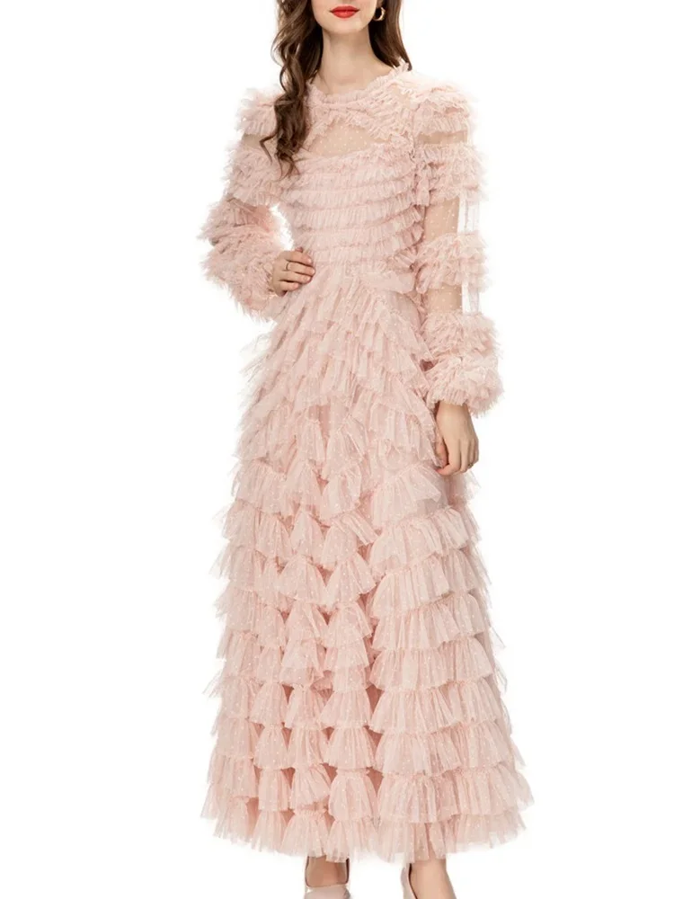 TWOTWINSTYLE Mesh Temperament Spliced Folds Women Formal Dresses