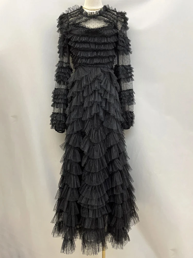 TWOTWINSTYLE Mesh Temperament Spliced Folds Women Formal Dresses