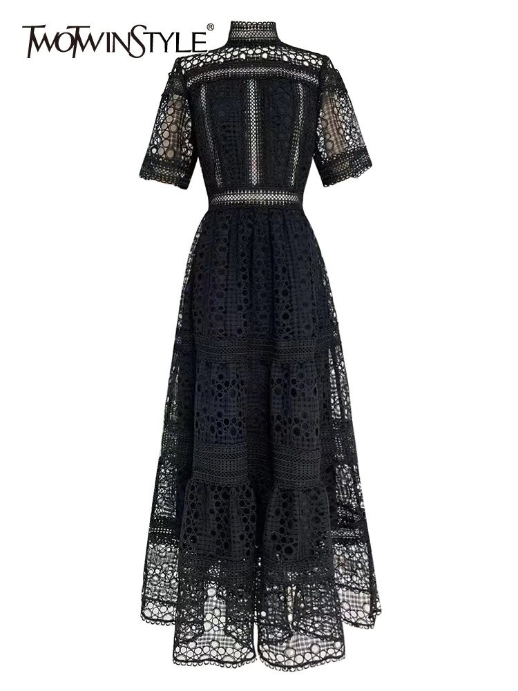 TWOTWINSTYLE Solid Vintage Embroidery Cut Out Elegant Women Dress